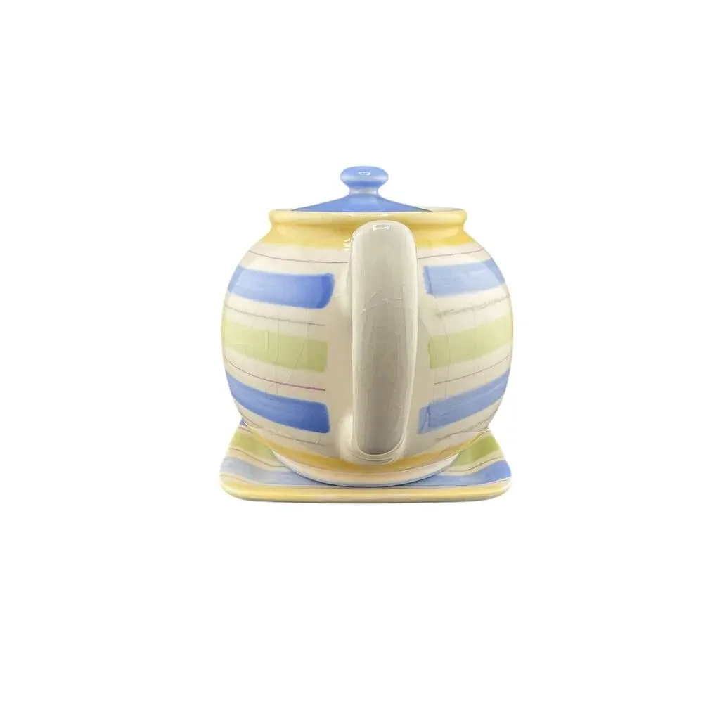 Crate & Barrel Sanibel Teapot Set Cream Earthy Stripe Stoneware Coastal Brew